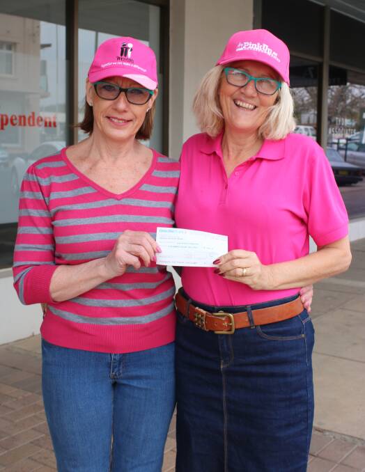 Footloose Line Dancers' teacher Glenda Silver and Pink Up Gunnedah's Jo Smith. The line dancers donated $500.