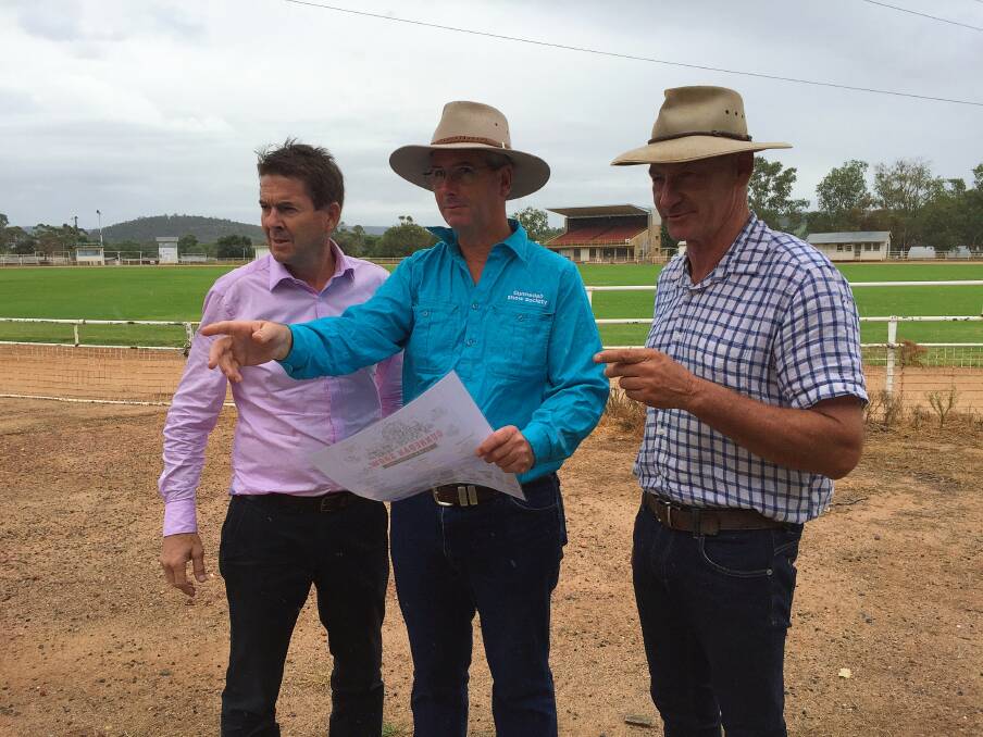 Tamworth MP Kevin Anderson with Gunnedah Show Society's George Truman and Rob Witts at the Gunnedah Showground pre-COVID 19. Photo: supplied
