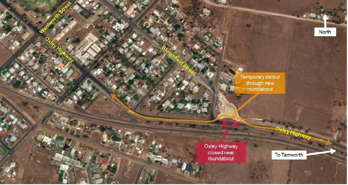 The new detour on the Oxley Highway will be in place for two weeks to allow work to proceed on a new roundabout. Image: RMS
