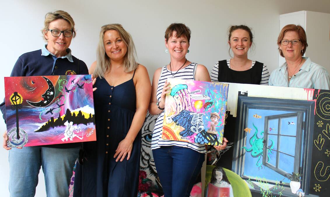 Artists Lorraine Maddigan, Tammey McAllan, Jade Punch, Lauren Mackley and Marie Low with some of the collaborative works, which will go on display in The Art Shed. Absent: Renee Horne