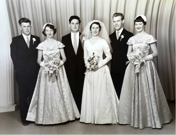 The wedding party in 1957: best man Darryl Small, matron of honour Beryl Collyer (nee Croft), groom Max Small, bride Doreen Small (nee Croft), groomsman Peter McIllveen and bridesmaid Barbara Purkiss (nee Finlay).