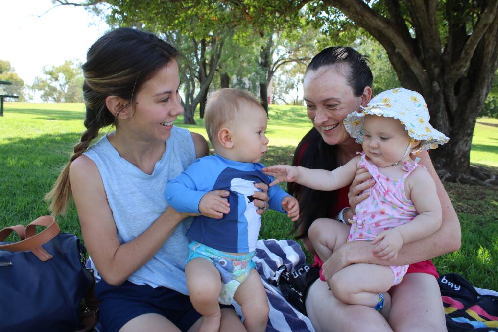 The Gunnedah pool complex fills up with families in summer and the cafe is well-utilised. Pictured are Caitlin and Oscar Jenkinson, Rachel Peek and Sylvia Muscat-Peak at the pool in February.