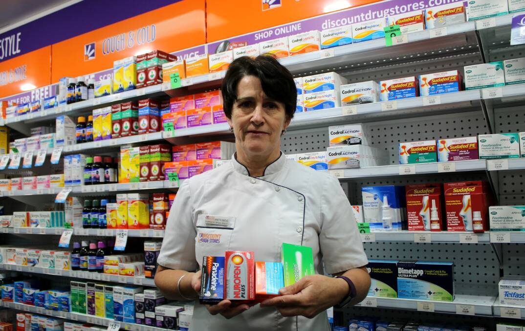 Gunnedah pharmacist Annette Osmond with some common codeine-based products, which will become prescription only from February 1. Photo: Vanessa Höhnke