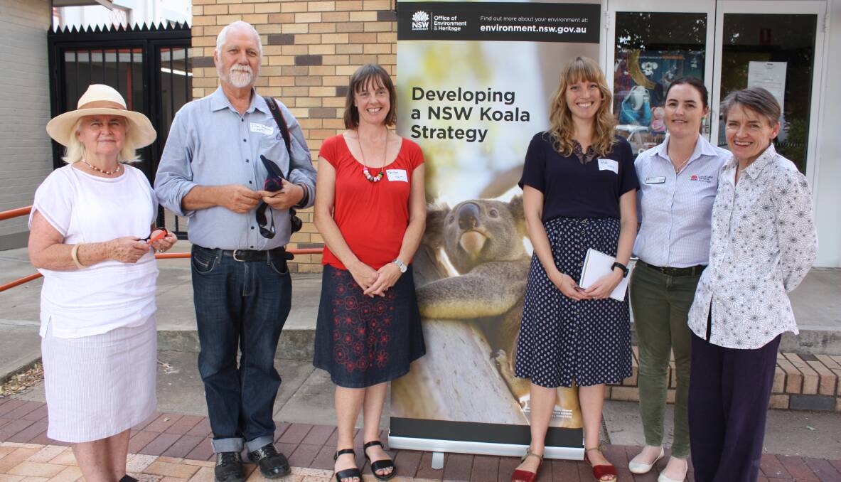 ENGAGING: Landholder Patricia Duddy, koala scientist Dan Lunney and policy officers Trish Harrup and Mel Baker (OEH), Angela Baker (NW LLS) and Martine Moran (WIRES).