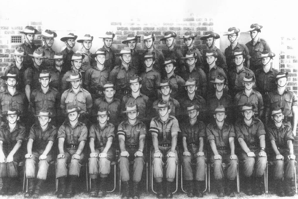 Phillip Barwick (third row, sixth from left) with D Company at the completion of National Service basic training at Kapooka, NSW in 1969.
