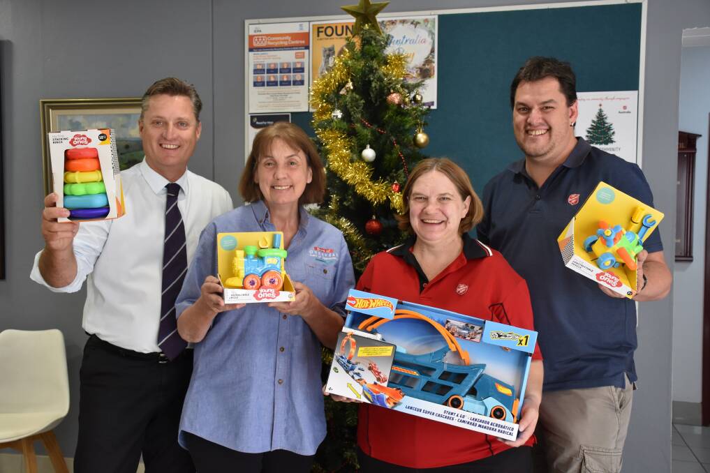 The Christmas Tree Toy and Food Appeal is now in its fourth year at Gunnedah Shire Council. From left, Gunnedah Shire Mayor Jamie Chaffey, community and cocial planner Debra Hilton, and Salvation Army’s Major Gaye Day and Captain Richard Day.