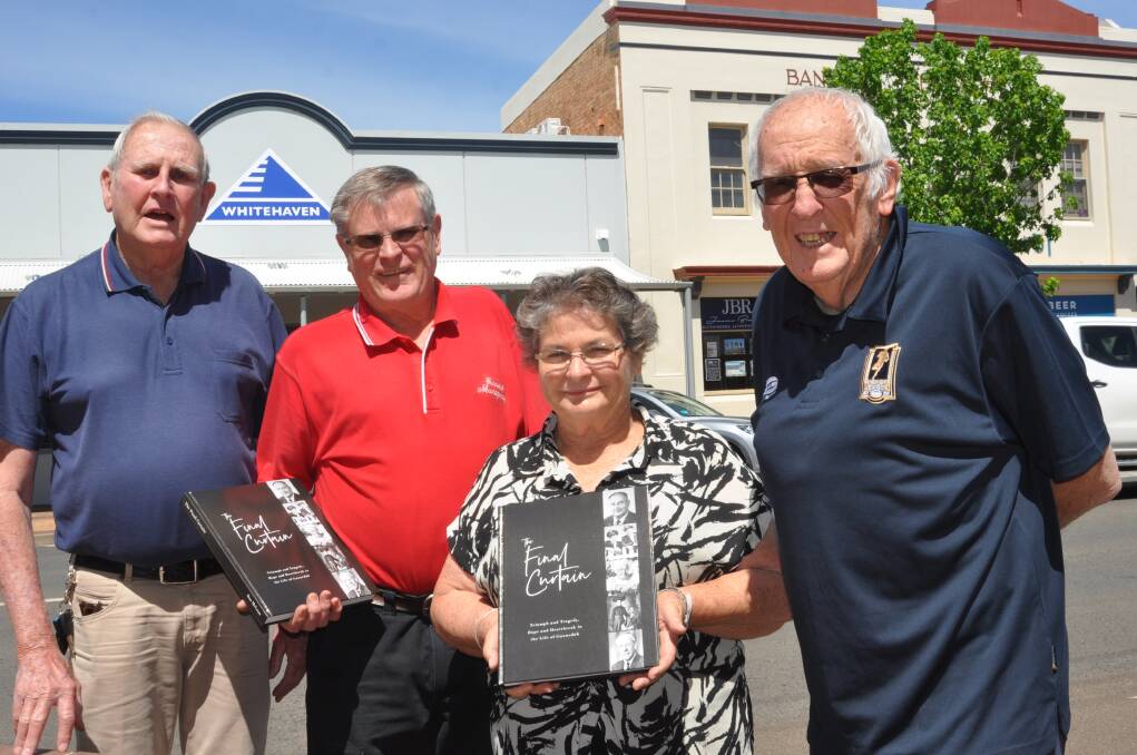 Ron McLean’s new book The Final Curtain. Pictured are Gunnedah and District Historical Society president, Bob Leister, left, John Sturgess (Gunnedah Newsagency), Meryl Hennessy (Second Edition Book Store) and author Ron McLean.