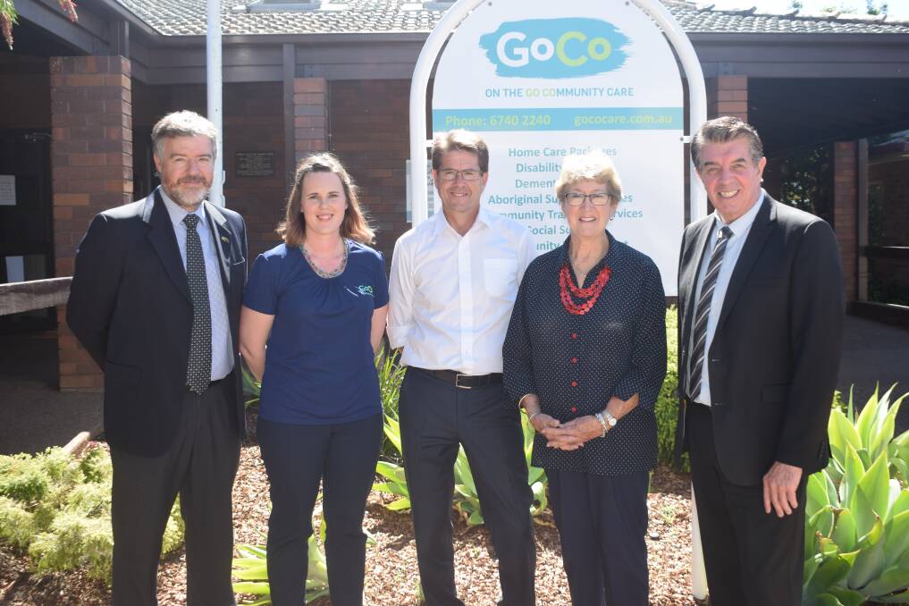HELPING HAND: Gunnedah Shire Council's Eric Groth, GoCo'S Jasmin Bird, Kevin Anderson MP, Gunnedah Shire Council Deputy Mayor Gae Swain and the Minister for Disability Services Ray Williams announce NDIS funding for Gunnedah on Friday. Photo: Supplied