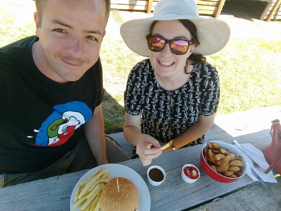 Aiden and Jess having a feed at the Mullaley pub on one of their road trips in the Gunnedah area.