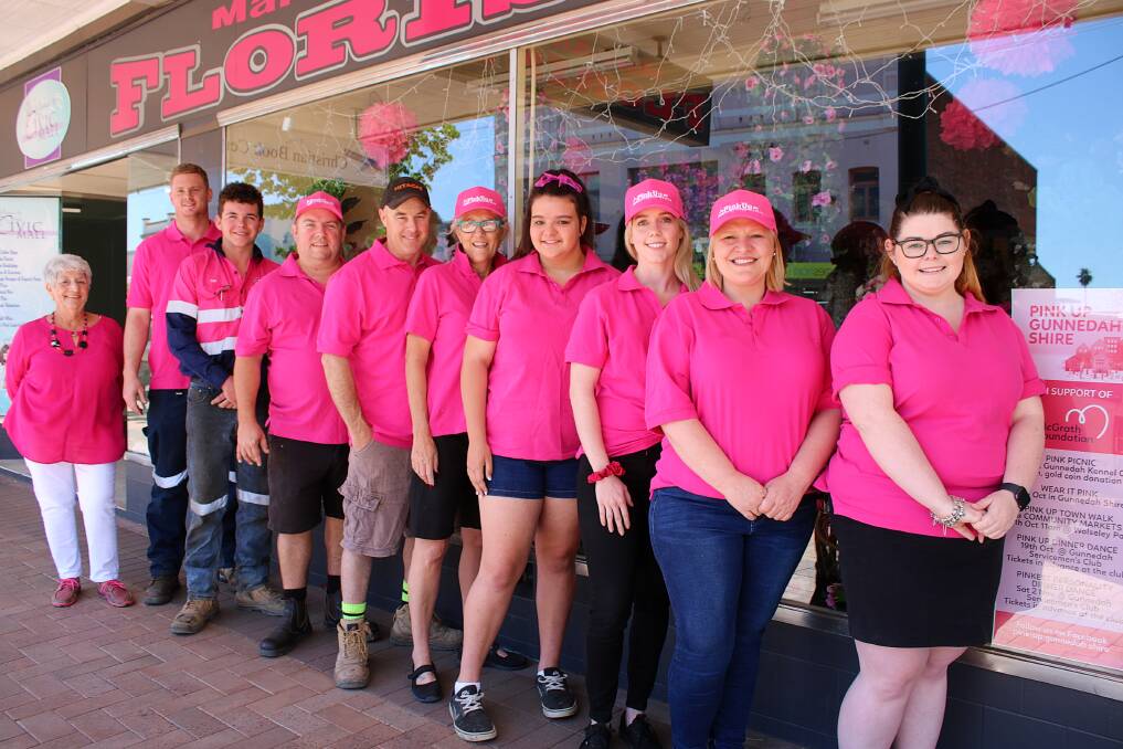 Pink Up Gunnedah's coordinator Colleen Fuller with Pink Personalities Reece Jaeger, Tom Donnelly, Ray Williams, Mick Bruyn, Jo Smith, Lacey Riley, Emily Wilson, Prue Jeffrey and Ashleigh Burns.