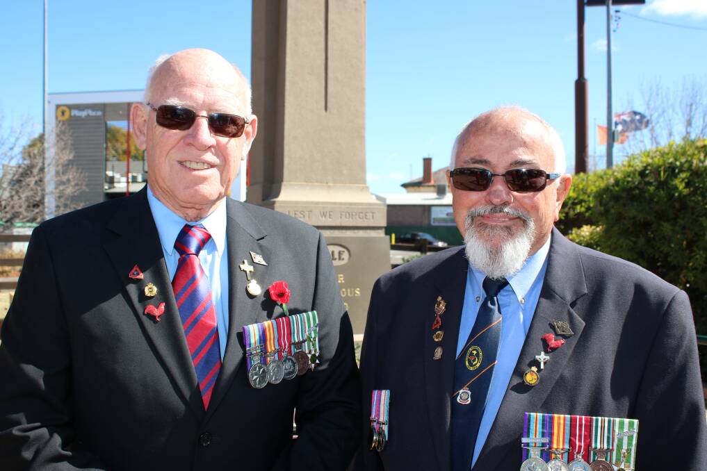 Friends Max Dadd and local John Connelly met at the School of Military Engineering where they trained for the Vietnam War. The pair are pictured on Vietnam Veterans Day in Gunnedah on Friday.