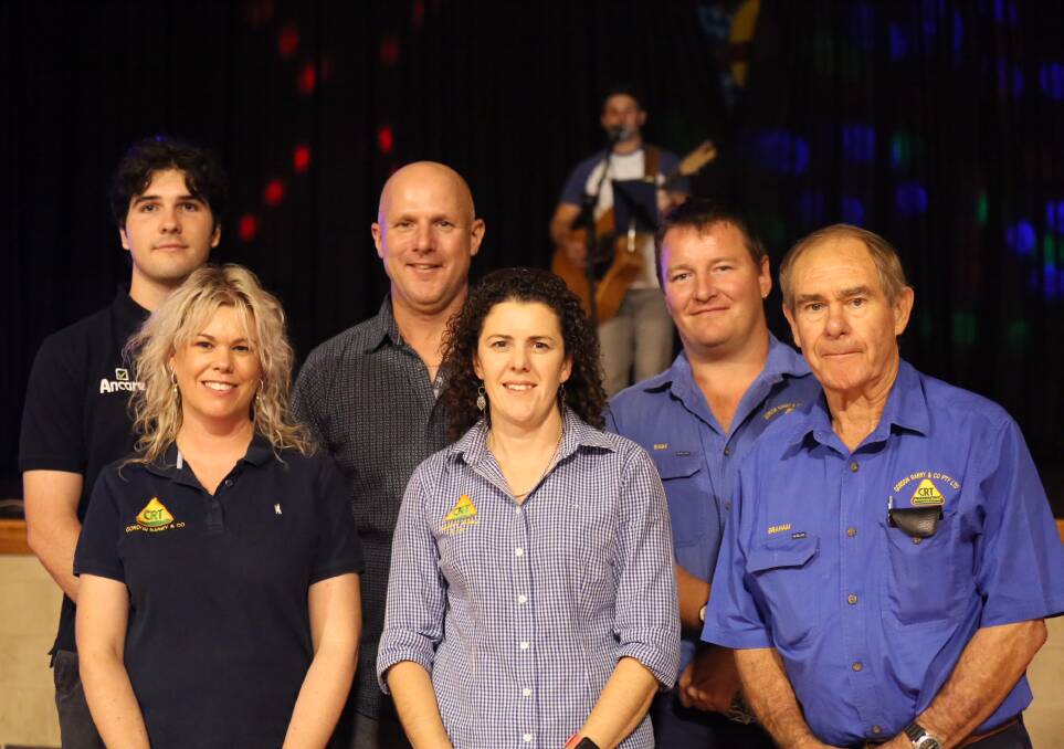 Gordon Barry & Co won the CRT Community of the Year Award for bringing The Unbreakable Farmer, Warren Davies, to town. Back, Nick Ferguson, Warren Davies and Sam Gardener. Front, manager Bec Tunbridge, Toni King and owner Graham Law. Absent: Josh Green