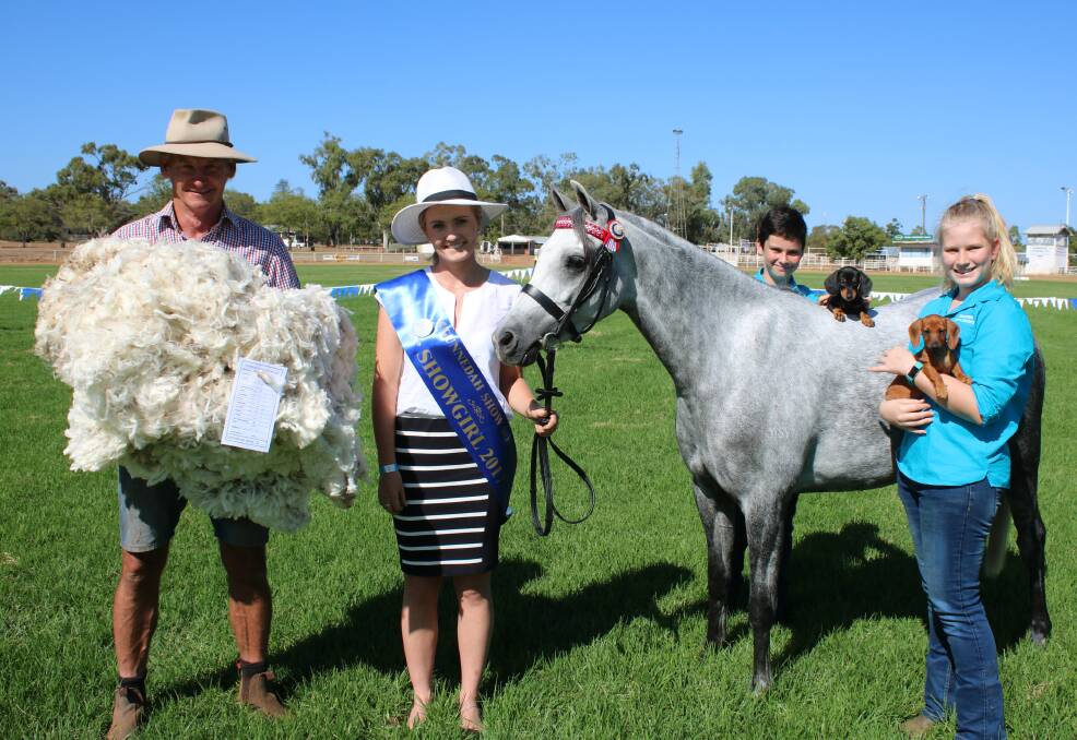 Gunnedah Show Society president Rob Witts, 2017 Gunnedah Showgirl and show society member Sophie Clift with her horse Eric, and volunteers Goran Kelly and Claudia Hamblin with daschund puppies Max and Lucy. Photo: Vanessa Höhnke