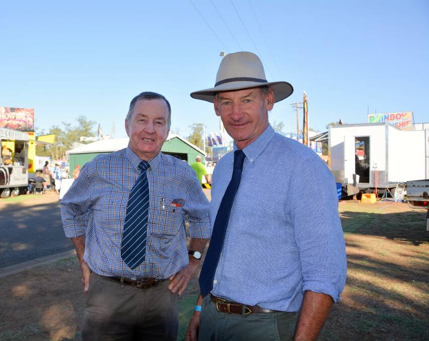 Gunnedah Show Society president Rob Witts, right, with long-time member George Avard, left, at the 2019 show. Photo: Jessica Worboys