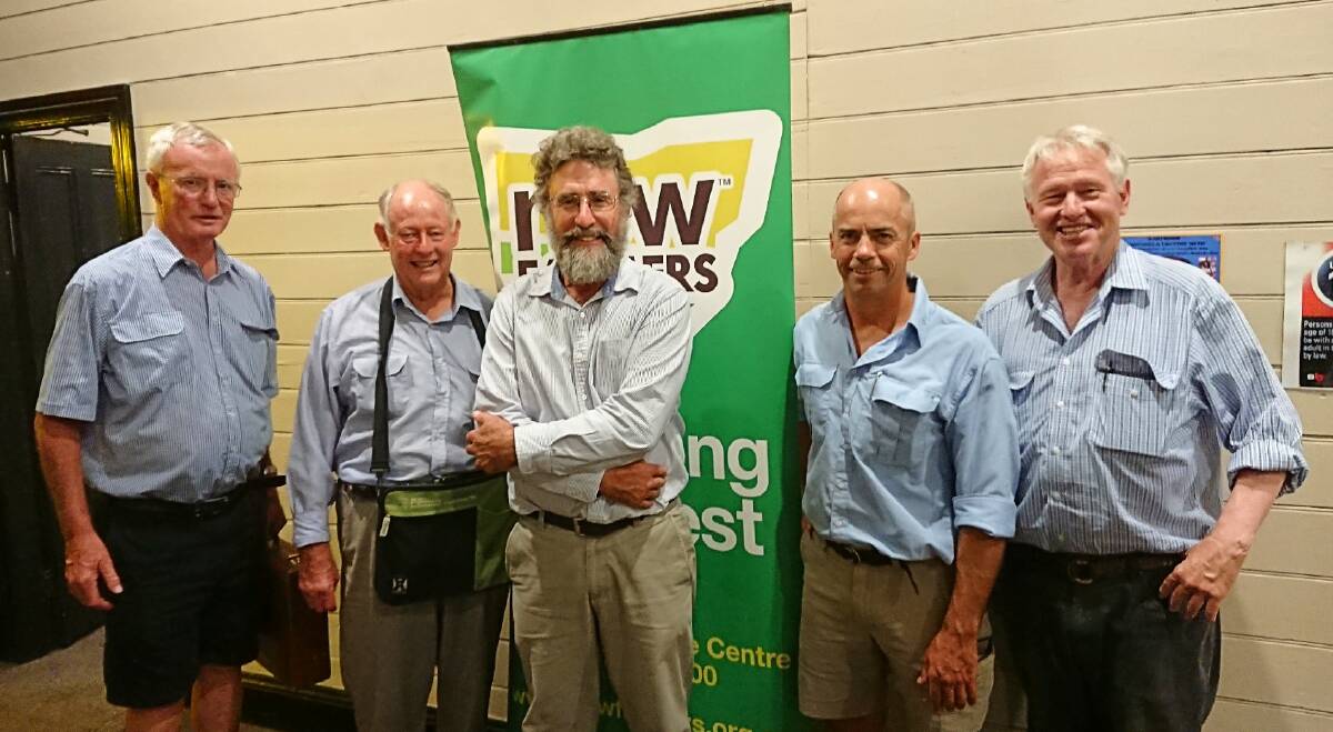 TWO BECOME ONE: NSW Farmers president James Jackson, centre, with Gunnedah members Malcolm Heath and Tom Fearby, and Tambar Springs members Ross Durham and Xavier Martin after the merger meeting. Photo: supplied