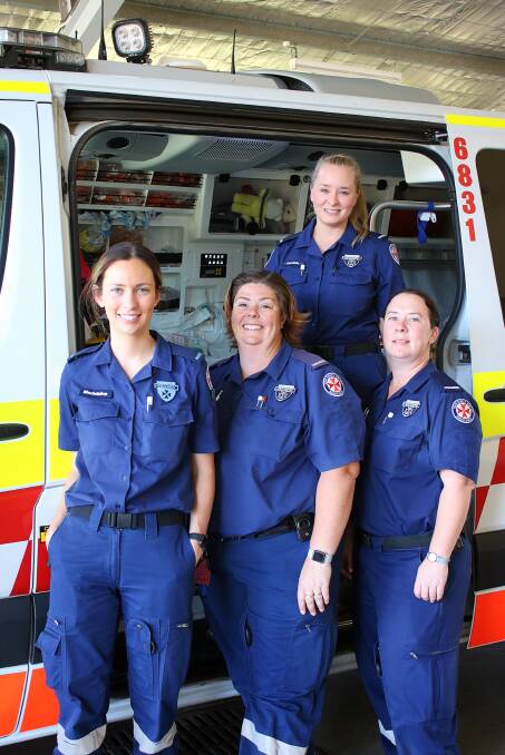 GREAT MIX: Clockwise from above - paramedics Maddi Lisle, Hayley Hausfeld, Danielle Colver and Bronwyn Wilton; the Gunnedah Ambulance Station team; and paramedic Sue Newbery.