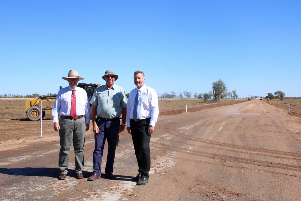 Parkes MP Mark Coulton, campaigner Russell Keam, and Gunnedah shire mayor Jamie Chaffey on the Grain Valley Road, which is being upgraded.