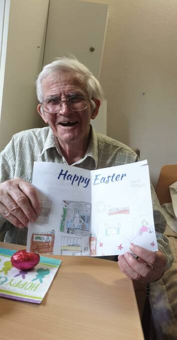 HAPPINESS: Cards by Quirindi kids written to Eloura residents like Andrew Stevenson brought smiles to the faces of teachers, residents, and children alike. Photo: Supplied