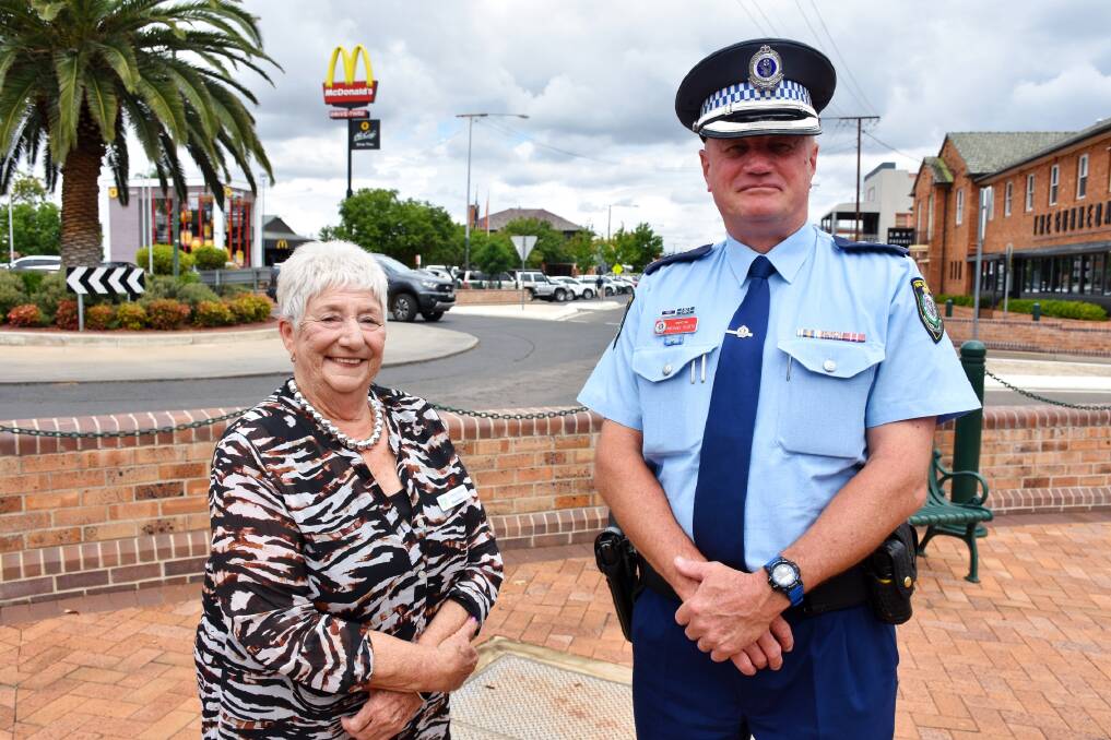 SAFE: Gunnedah Shire Councils Crime Prevention Working Group chairwoman Cr Colleen Fuller and Inspector Michael Wurth in Gunnedahs CBD where 52 council cameras are already in place. Photo: Supplied