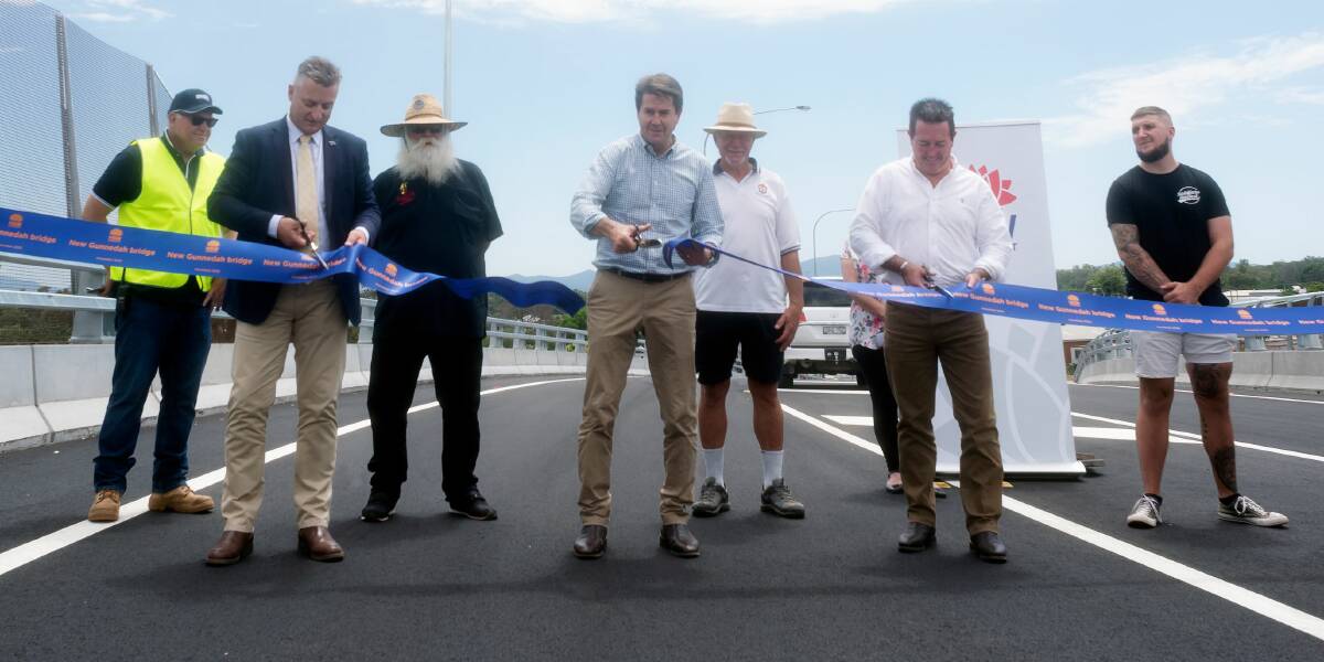 FINALLY READY: Gunnedah Mayor Jamie Chaffey, Tamworth MP Kevin Anderson and Minister for Roads Paul Toole cut the ribbon opening the new Gunnedah bridge on Sunday, ready to be used today. Photo: Supplied