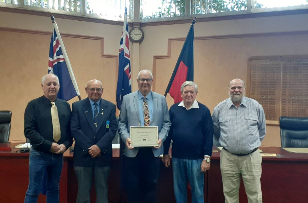 SERVICE: Jim White was presented with a certificate of appreciation by Council. Jim (centre) is pictured with LPSC Mayor Andrew Hope, Councillors Doug Hawkins OAM and Ian Lobsey OAM and Deputy Mayor Paul Moules. Photo: Supplied