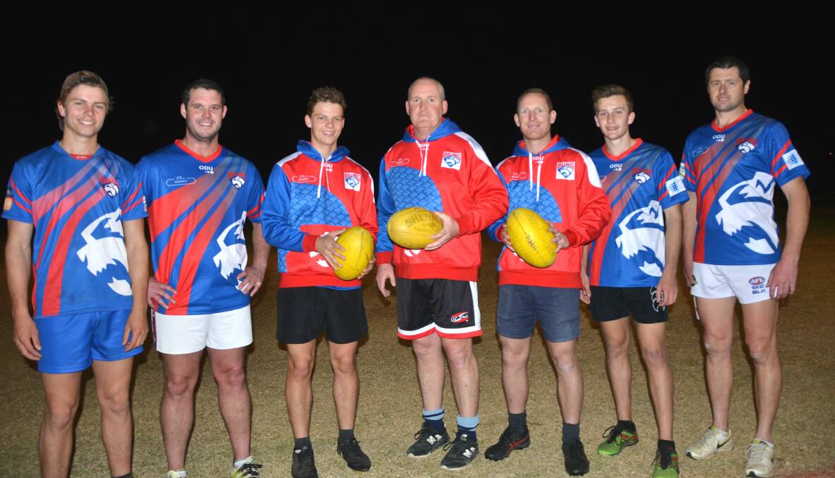 READY TO GO: Bulldogs players Ben Maher, Andy Mack, Tom Maher, Hamish Russell, Andrew George, Jasper Thomas and John Woolaston are prepared for this weekend's AFL North West game. Photo: Billy Jupp 
