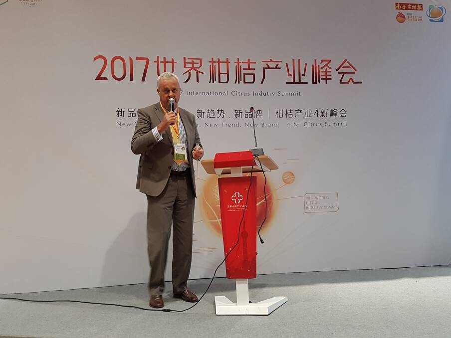 BUSINESS TALK: Robert Hoddle from Gunnible Pastoral Company speaks about the quaility of Australian products at the China citrus conference. Photo: Supplied