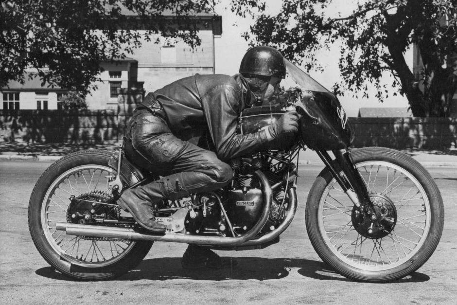 HOLD ON TIGHT: Jack Ehret on his British-manufactured 1951 Vincent Black Lightning, a bike he owned for 50 years. Photo: Supplied