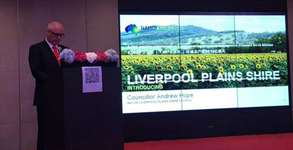 ON THE JOB: Liverpool Plains mayor and Namoi JO chair Andrew Hope gives a presentation during the recent trip to China. Photo: Supplied
