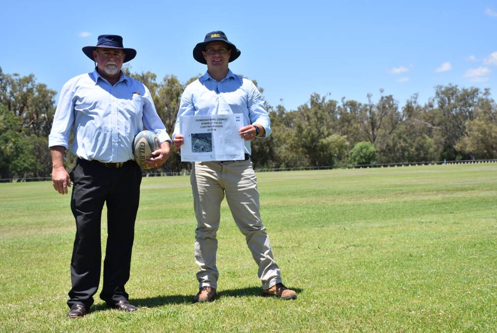 SPORTS POTENTIAL: Gunnedah Shire Council's public facilities manager Geoff Phillips and chief engineer Daniel Noble discuss the plans for new lights at Donnelly Playing Fields. Photo: Supplied