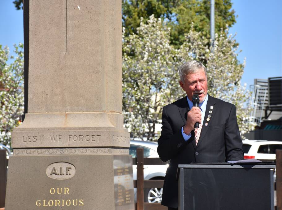 LEST WE FORGET: Gunnedah Anzac Working Group chair Owen Hasler speaking at the Gunnedah ANZAC Day ceremony in 2017. Photo: Supplied