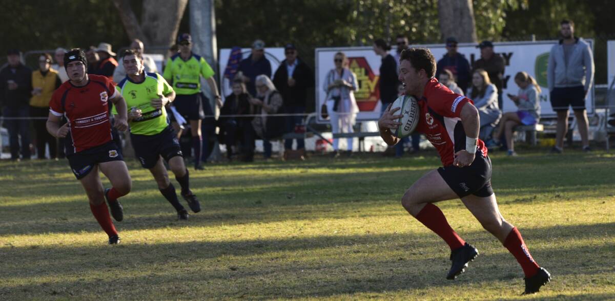 DOUBLING UP: Oscar Hunt scored two tries in the Gunnedah Red Devils' victory over the Barraba Rams. Photo: Billy Jupp 