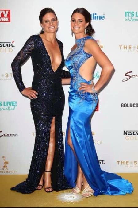 PITCHING IN: Travel Guides star Stacey 'Stack' Wilburn, right, raised funds for a local drought-stricken farmer by auctioning off her 2019 Logies dress at the AELEC on Saturday. Photo: Supplied