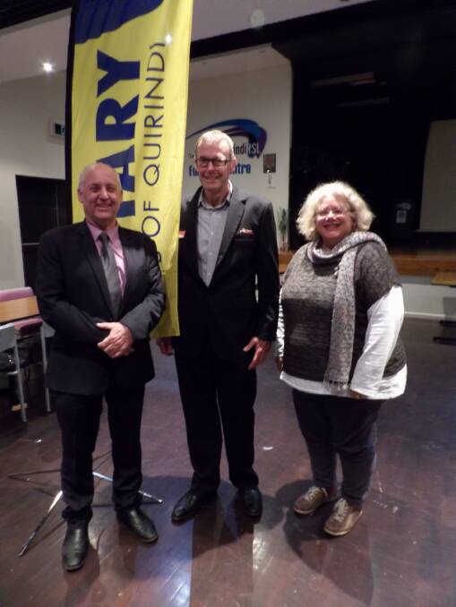 HERE TO HELP: LPSC Mayor Andrew Hope, Trainlink rep Keith Ostler and LPSC Visitor Information Centre Manager Nikki Robertson discussing the requirements for better public transport at a recent Rotary event in Quirindi. Photo: Supplied 