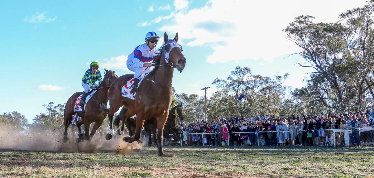 STORMING HOME: Gunnedah trainer Gavin Groth's About Time streaks ahead to take out race four at this year's Wean picnic race meeting. Photo: Bradley Photos