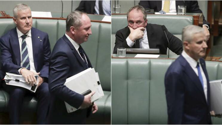 A composite image showing then Minister for Veterans' Affairs and Defence Personnel Michael McCormack and Deputy Prime Minister Barnaby Joyce. Photos: Alex Ellinghausen