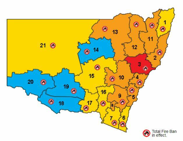 The fire warnings for today, as shown on the NSW RFS site.
