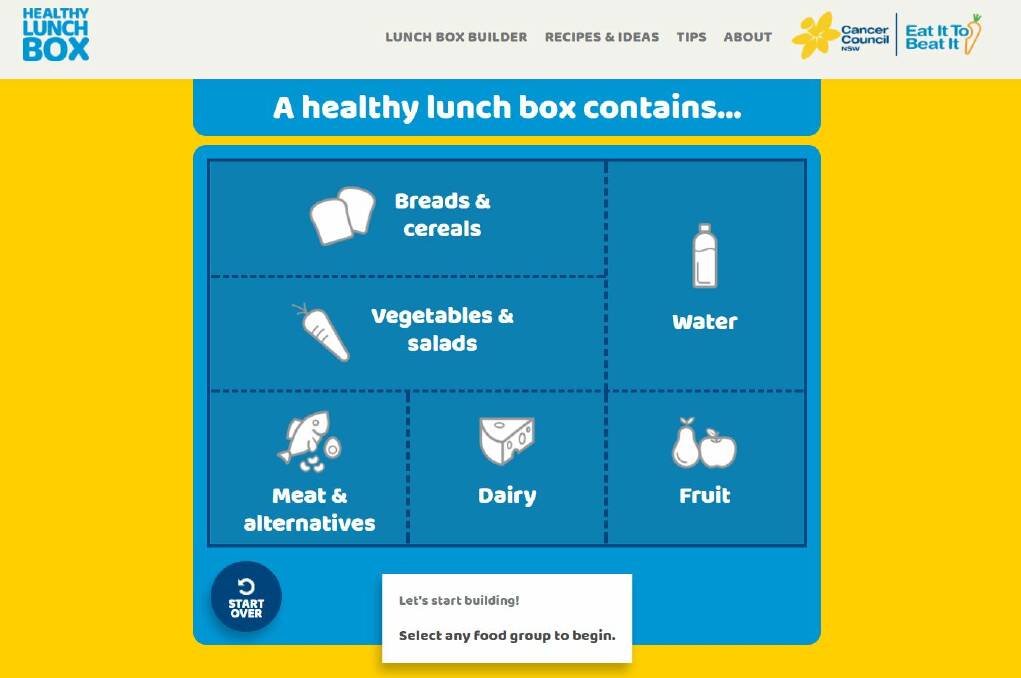 A screenshot of the Cancer Council NSW's new Healthy Lunch Box tool.