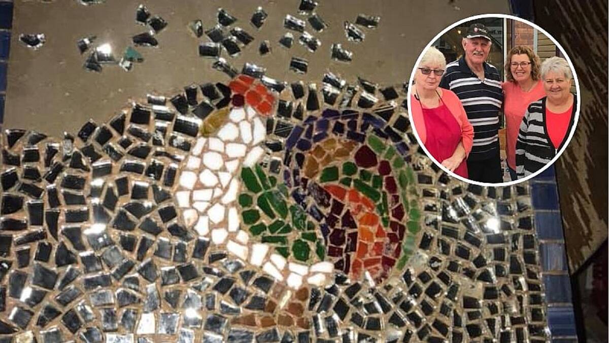 Sticking together: Main photo, one of the mosaic projects under way; inset, Polly Montgomery with some of the participants at a workshop.