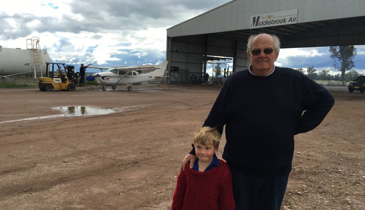 Happy hanger: Flying scholarship sponsor Peter Middlebrook with grandson and potential future pilot, Oscar, 5. Mr Middlebrook said it was great to great to council playing a part in the future of the scholarship.