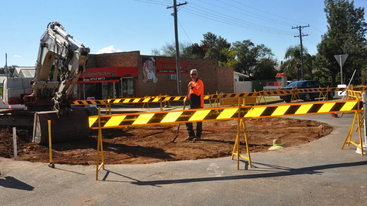 Speedy progress in being made on the new Hunter and Rodney street roundabout in Gunnedah. This photo was taken on Tuesday.