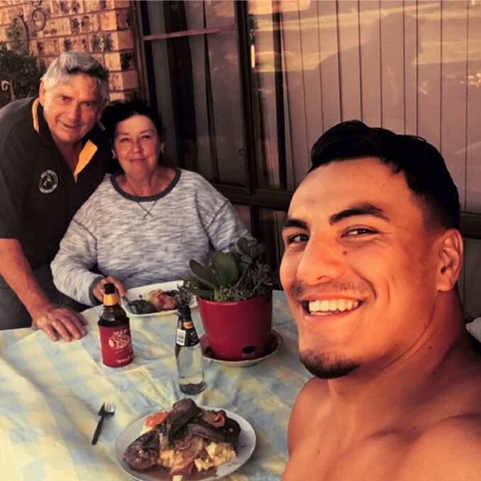 Family time: Jeff and Diane Worrell with Japanese rugby star, Ben Gunter, back in Gunnedah lapping up the home-cooked meals.
