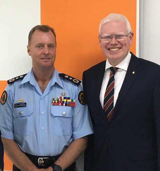 On tour: NSW SES Commissioner, Brigadier Mark Smethurst, (left) inspecting NSW SES headquarters with parliamentary secretary for the Illawarra, Gareth Ward, last month.