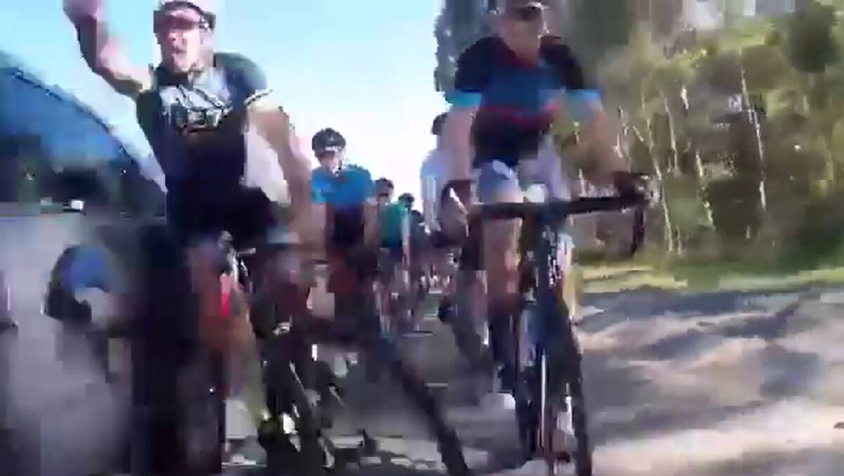 SHOCKING: A screenshot of the video which shows a group of cyclists being struck by a car on the Newcastle Inner City Bypass.