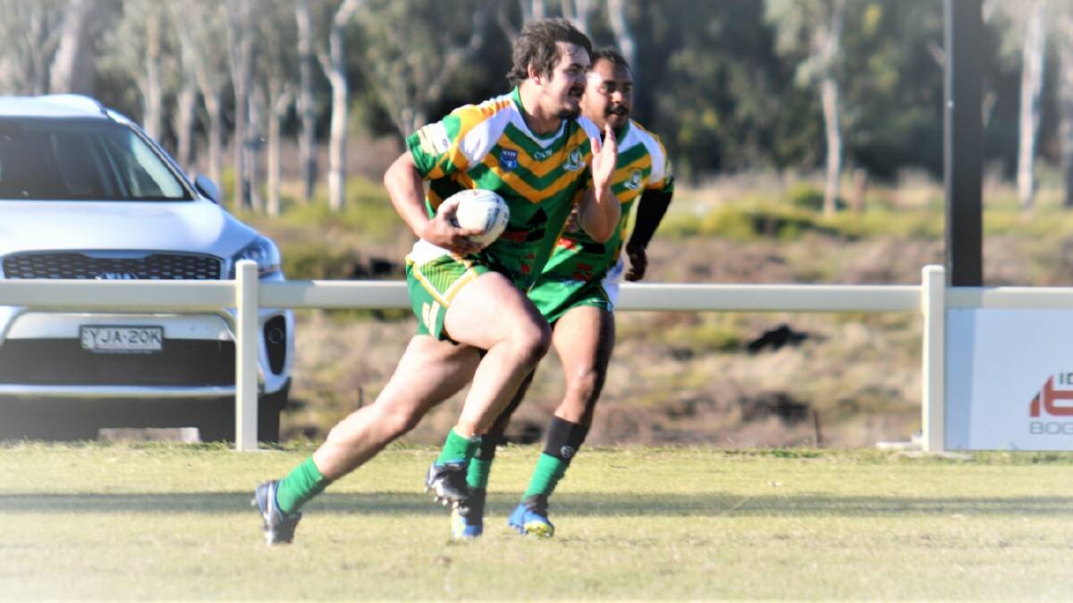 STRAIGHT: Nick Millar takes a customary charge forward for Boggabri during the 2021 season. Photo: Sue Haire