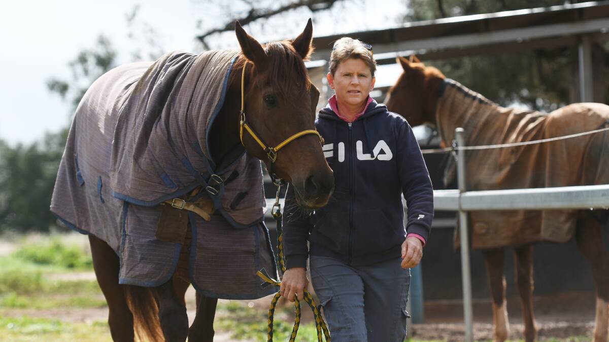 BACK TO MOREE: Sally Torrens with last-start winner On The Floor at her stables. Photo: Gareth Gardner
