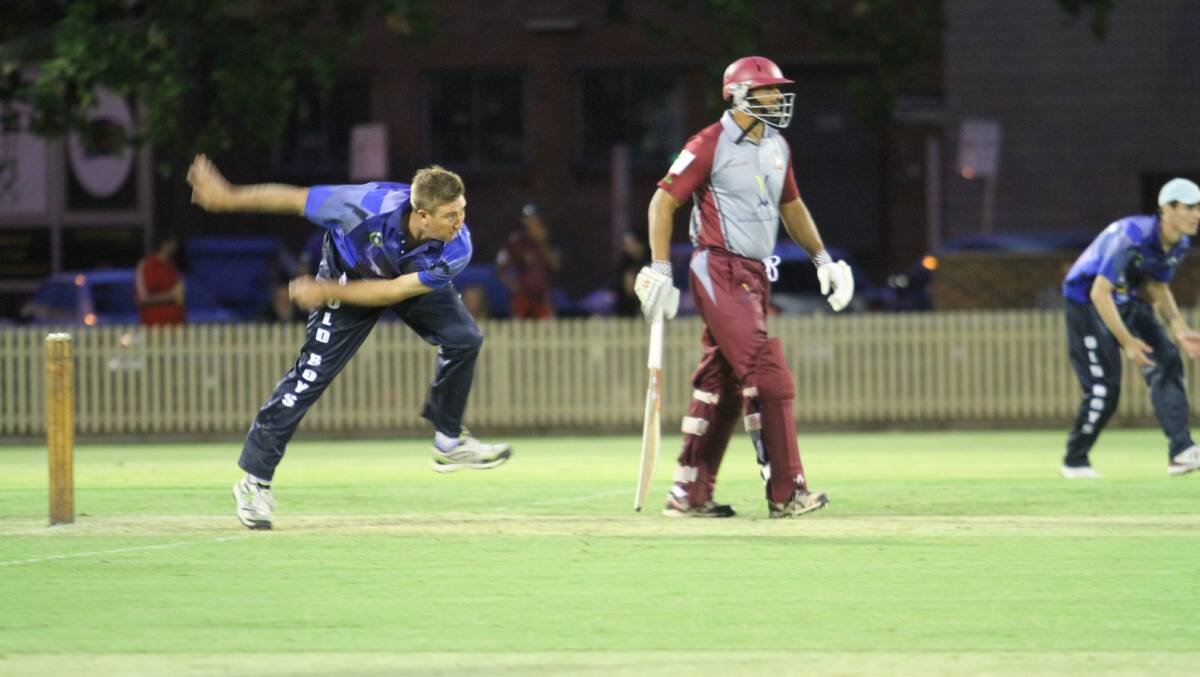 WILY: Evergreen Old Boys quick Troy Sands in action in the one-day final win over West Tamworth.