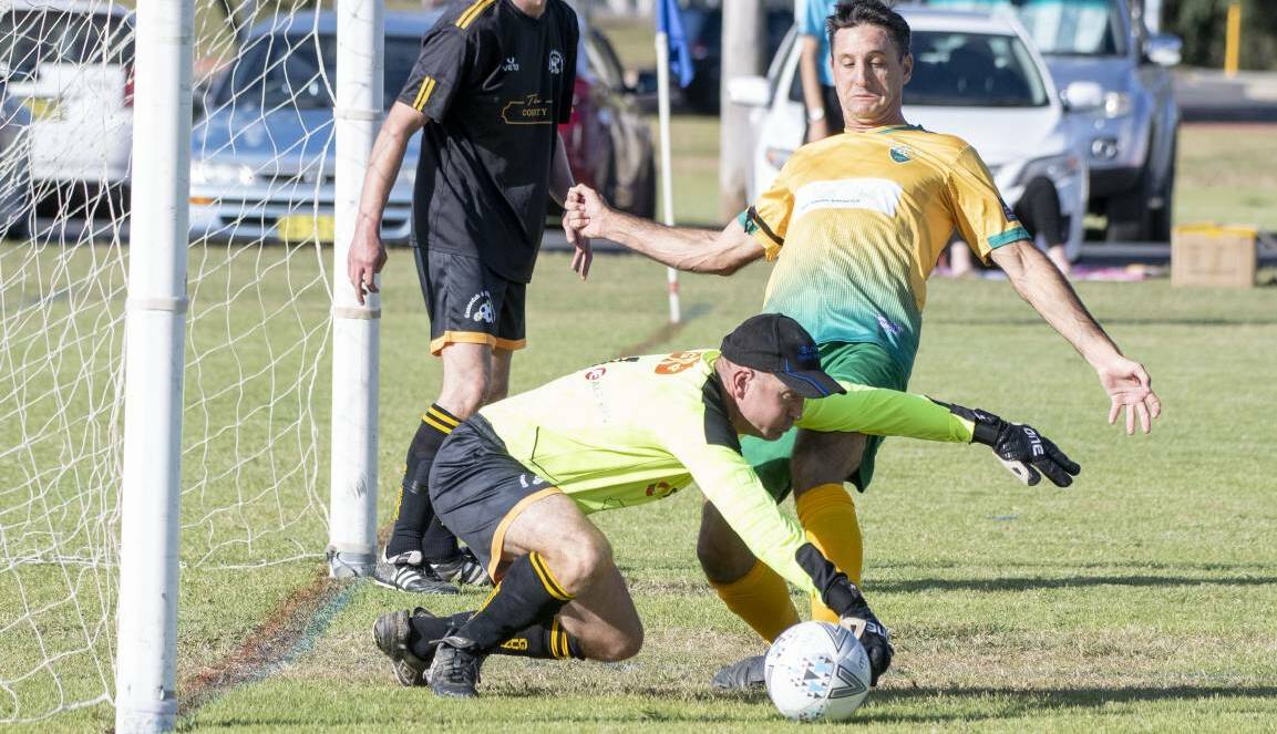STINGY: Gunnedah FC keeper-coach Andy Cygan has conceded only one goal this season. Photo: Peter Hardin