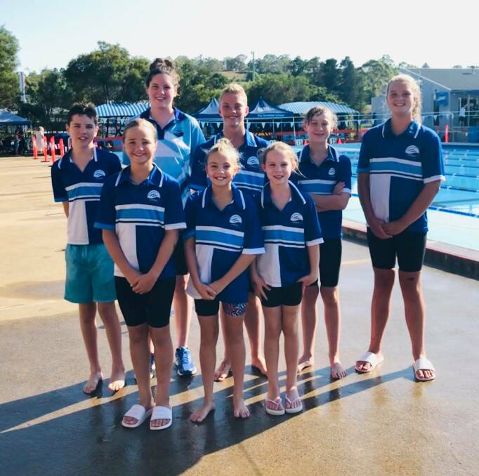 TEAM POWER: Swimming Gunnedah squad members who represented the club at Armidale last weekend. Back row from left: Brodie and Maddie Coombs, Andre Steele, Scout Newbery, Amelia Lush. Front row: Savannah Lyons, Danika Jones and Georgia Lyons. Photo: Supplied 