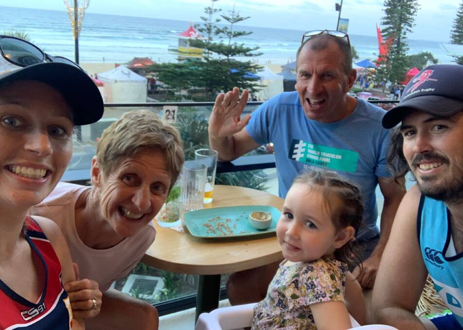 TRIBE TIME: Stewart with her mother and father, Donna and John Hickey, along with her husband, Lincoln, and their daughter, Reggie. Photo: Supplied